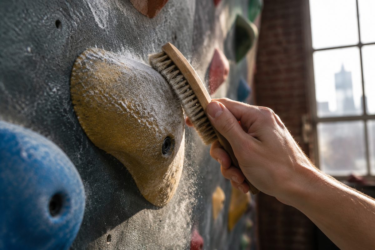 A hand brushing chalk off a climbing hold