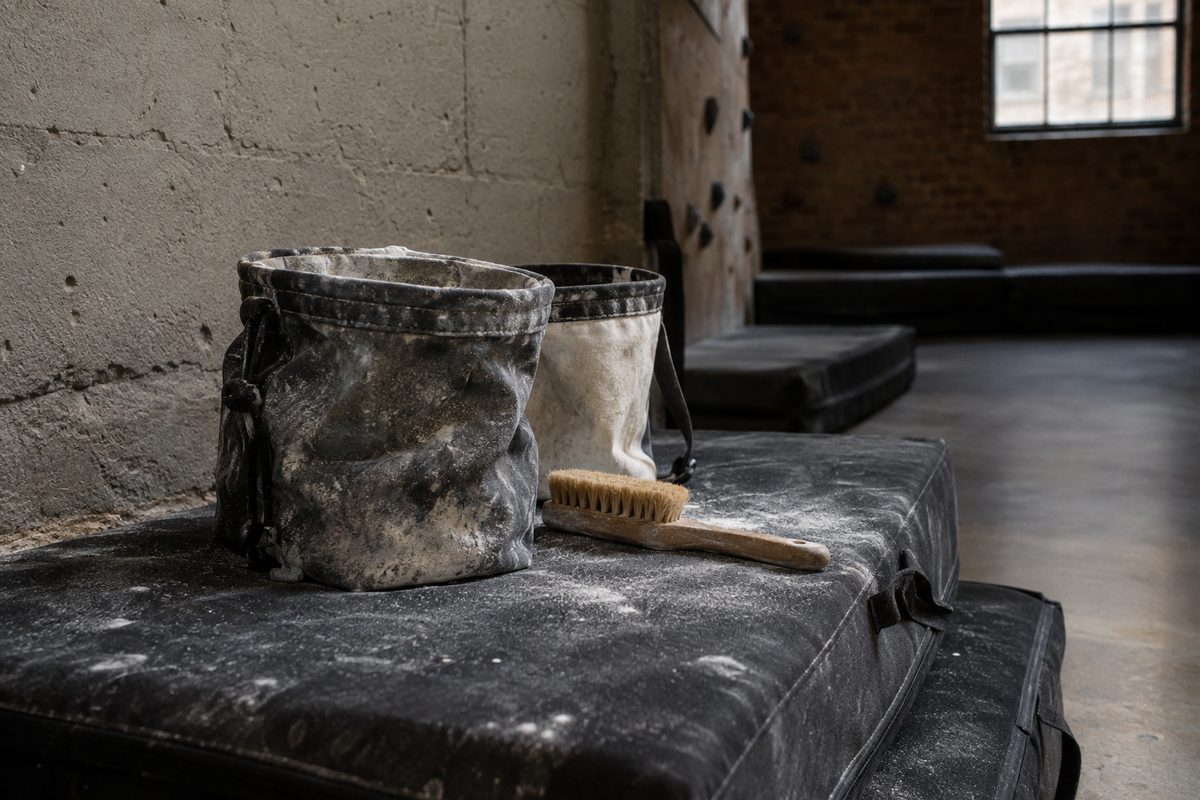 Worn chalk buckets and a brush resting on the edge of the mats
