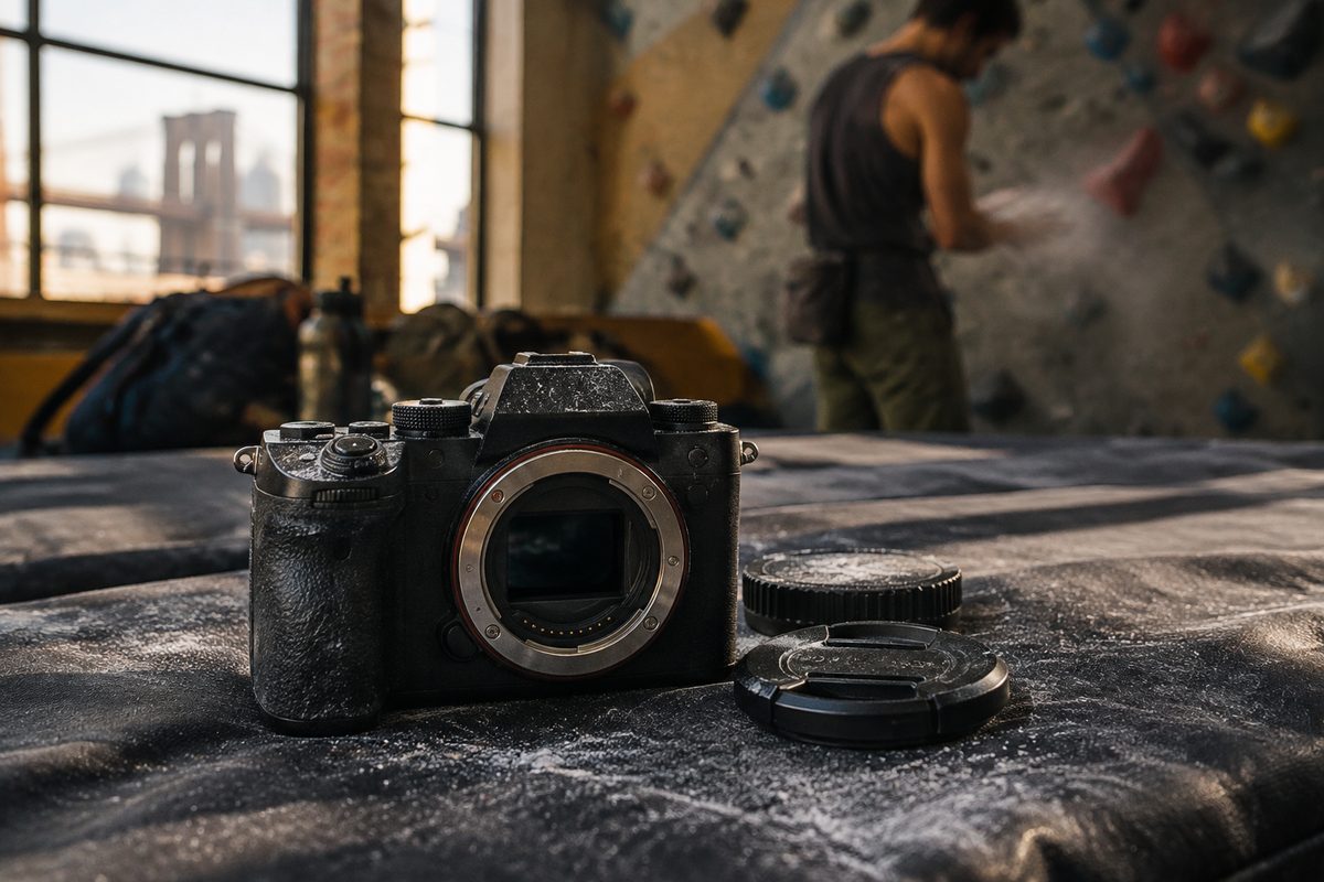 A camera body lying on the mats with a film of chalk dust around an open lens mount