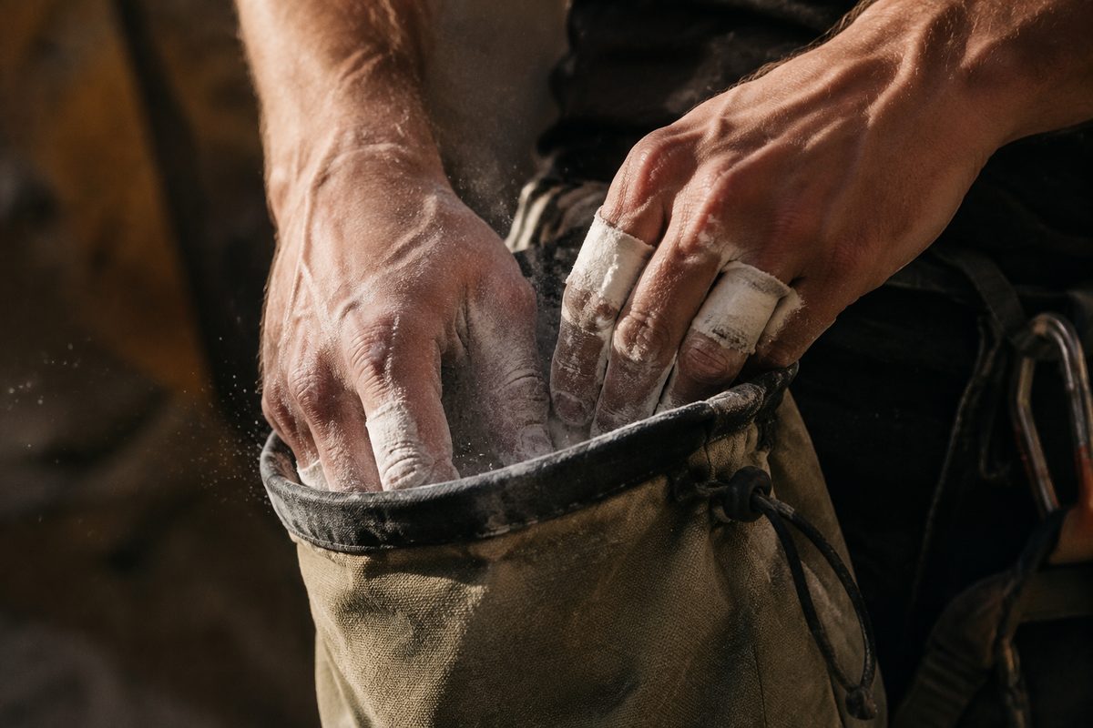 Close-up of a climber's hands dipping into a chalk bag