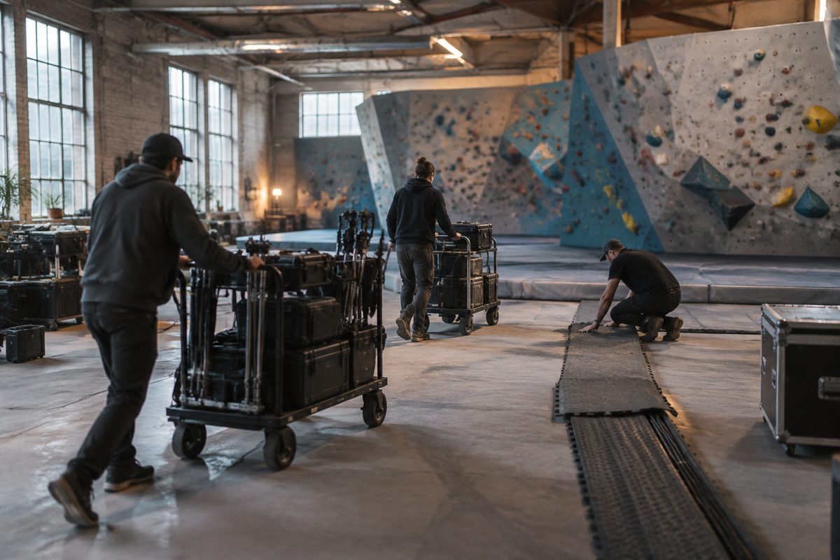 A crew wheeling grip carts across the floor during an early load-in