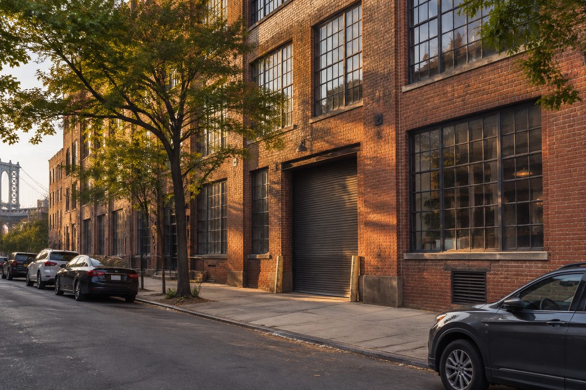The brick industrial building on the street in late afternoon light