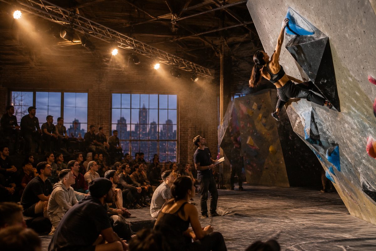 A bouldering competition on the floor with a crowd watching a climber reach the top hold