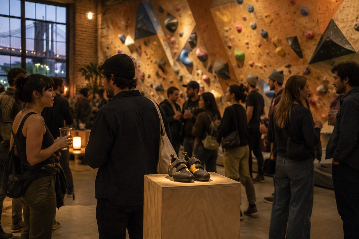 Guests at an evening launch in front of the lit bouldering wall