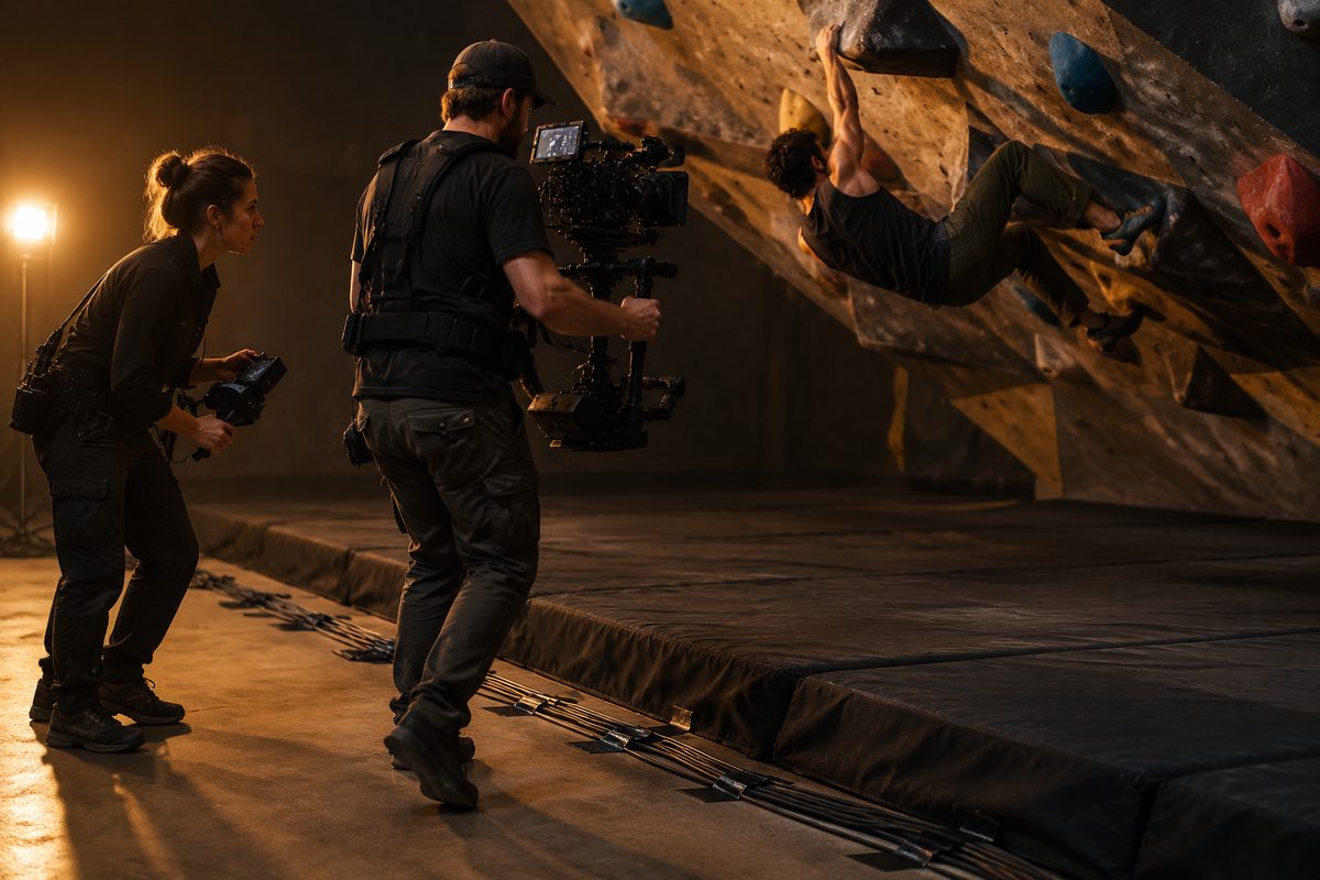 A camera operator with a gimbal following a climber across the overhang