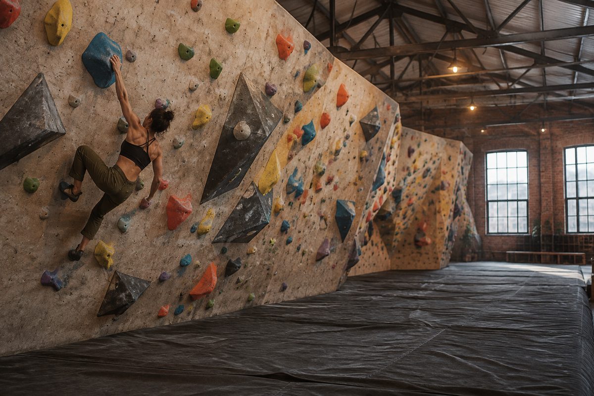 The bouldering floor at Brooklyn Boulders Studio, a long textured wall with coloured holds and one climber mid-move