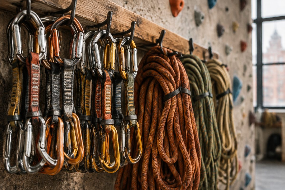 A row of quickdraws and coiled ropes hanging on a wooden rail