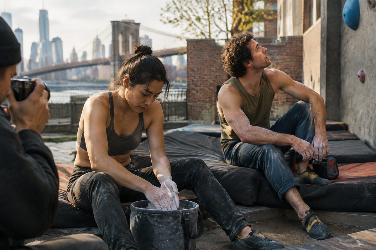 Two climbers resting on the mats between attempts, photographed candidly