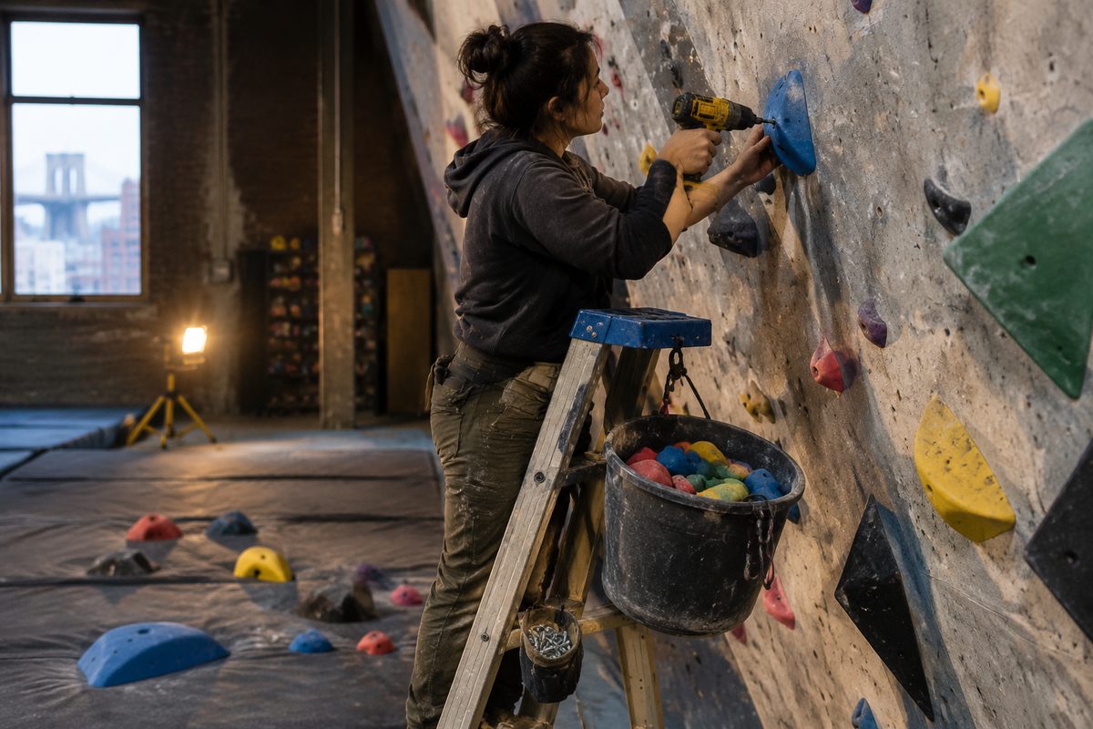 A route setter fixing a new hold to the wall with a driver