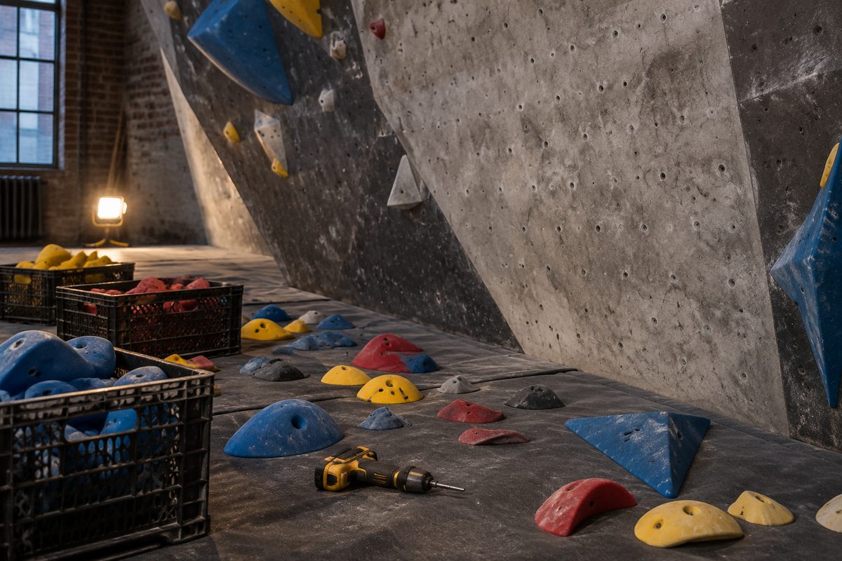 A wall half stripped for a reset, with unbolted holds piled in crates on the mats