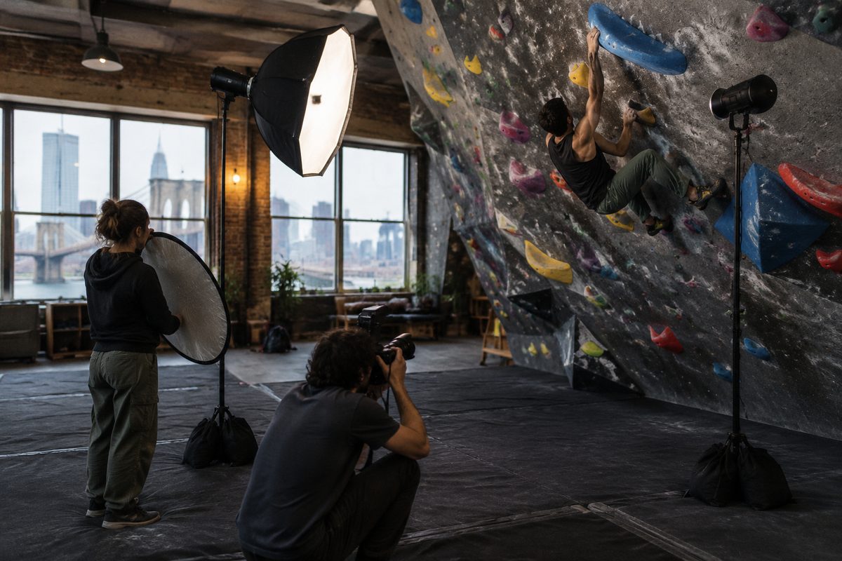 A stills crew with an octabox and sandbagged stands photographing a climber on the steep wall