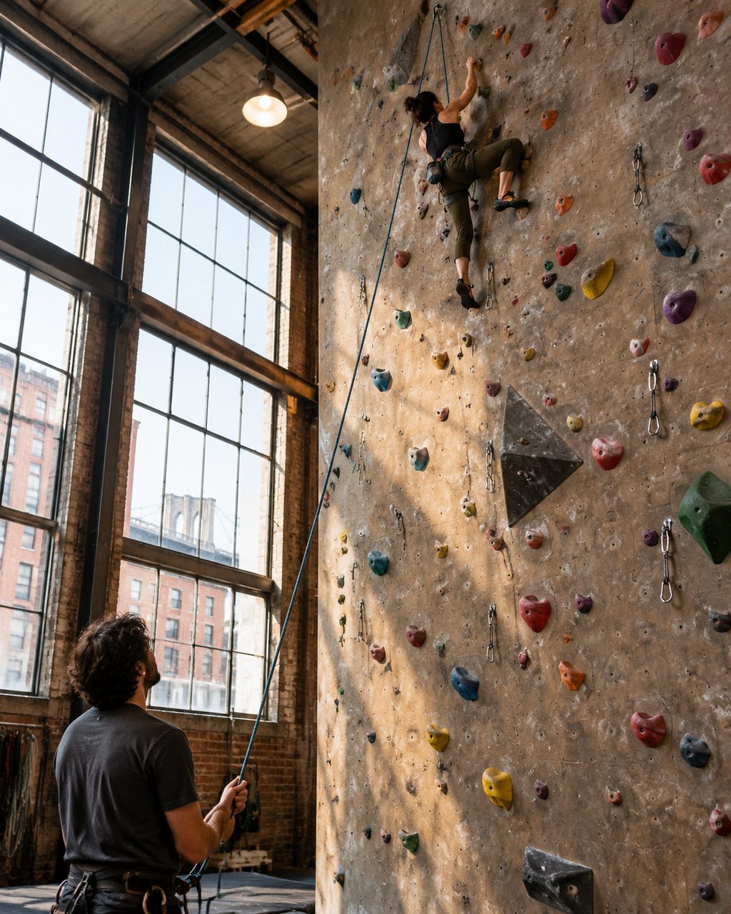 A climber high on the rope wall with a belayer at its base