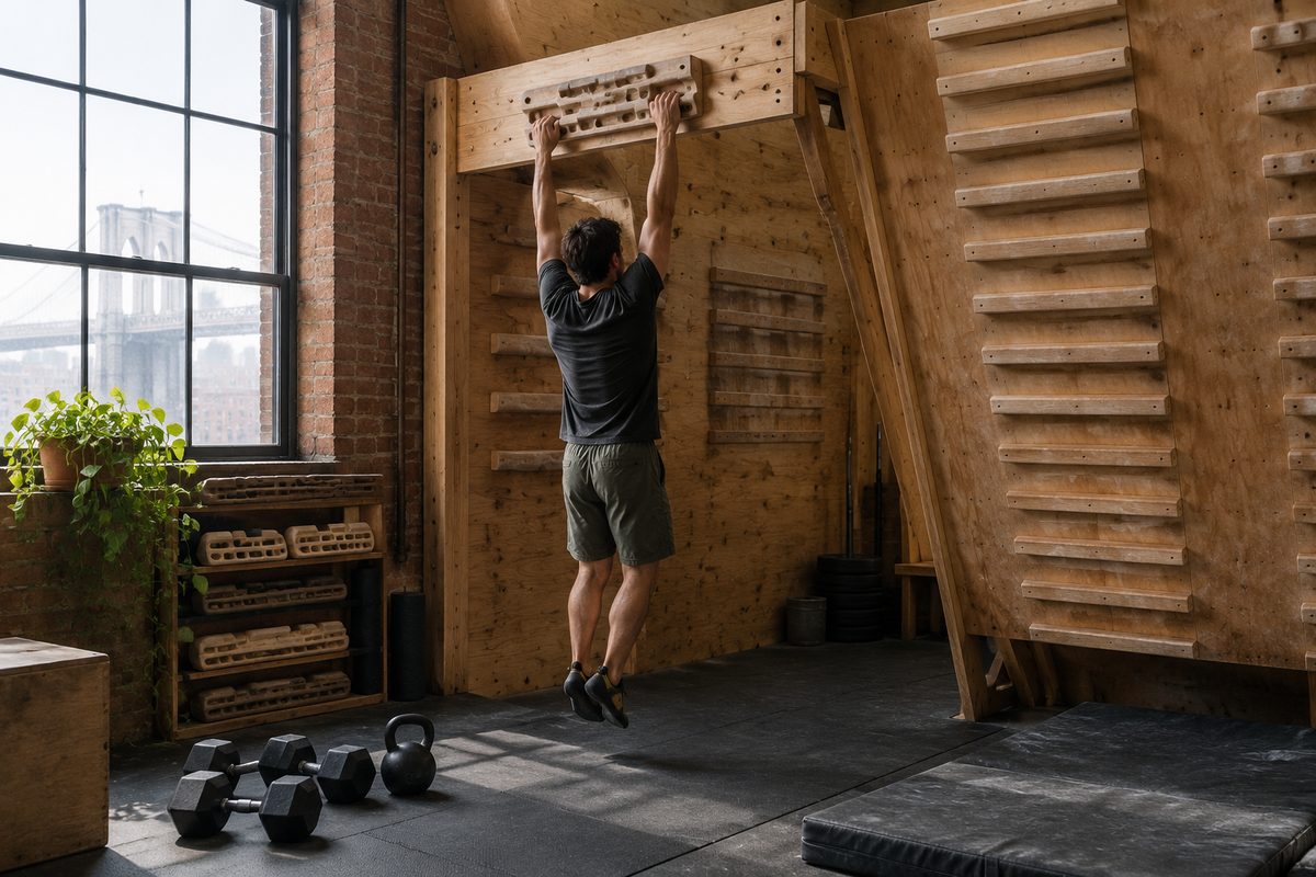 The training corner with wooden hangboards and a campus board