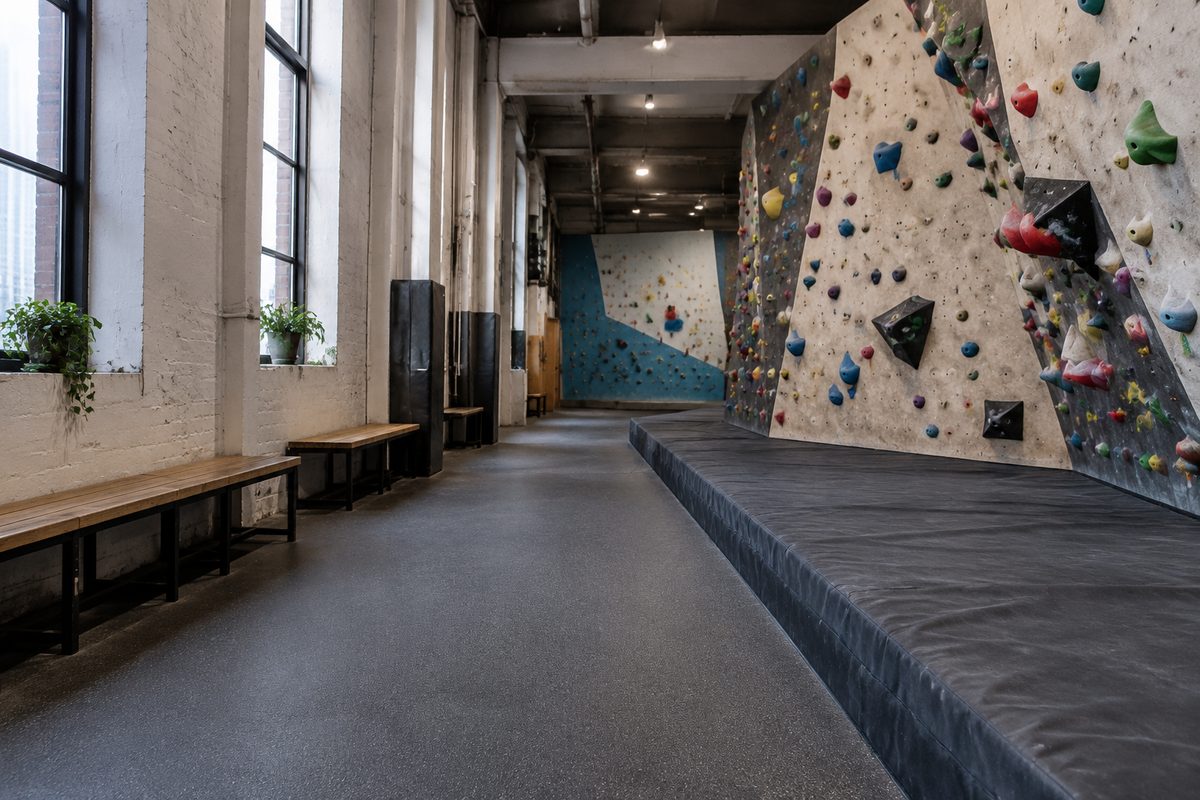 A wide level walkway running alongside the mats